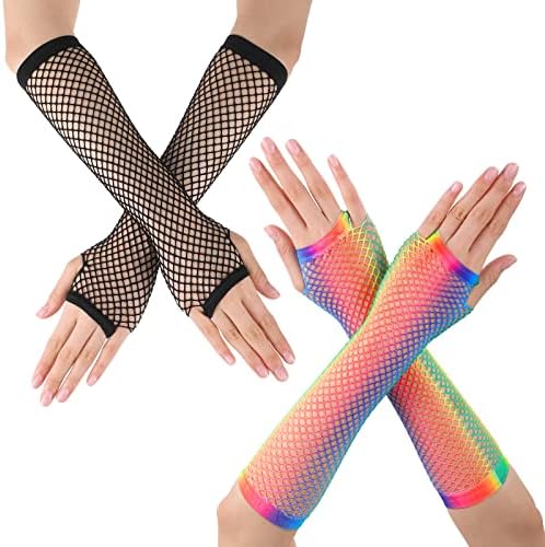 2 Pairs Long Fishnet Gloves Rainbow and Black Long Gloves Women Fingerless Fishnet Gloves Party Fancy Dress Tutu Accessories for 80s Costume Evening Party Supplies Fancy Dress Cosplay Accessories