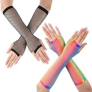 2 Pairs Long Fishnet Gloves Rainbow and Black Long Gloves Women Fingerless Fishnet Gloves Party Fancy Dress Tutu Accessories for 80s Costume Evening Party Supplies Fancy Dress Cosplay Accessories