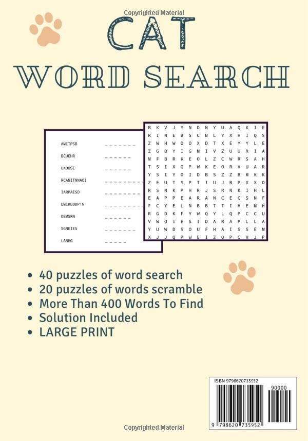 Cat Word Search: Practice Workbook For Adults and Kids | 60 puzzles | Find more than 600 words on the Breeds and Cats World | Word Scramble Included | ... | Challenging Word Puzzles, Large Print. image 2