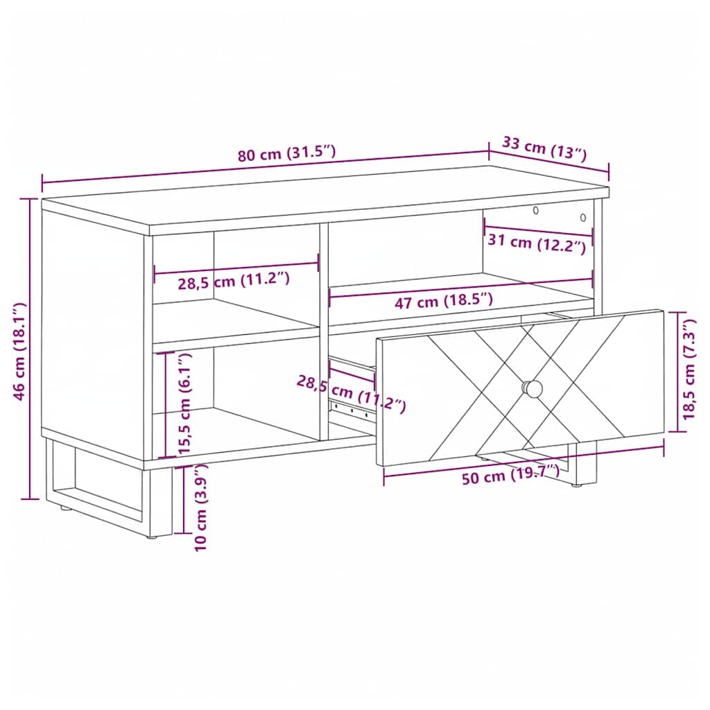 TV-Schrank aus massivem Mangoholz 80x33x46 cm mit Metallfüßen, Lowboard und Sideboard für Wohnzimmer, HiFi Rack, Medienmöbel, Organizer für DVD, Blu Ray, CD und Gaming Zubehör