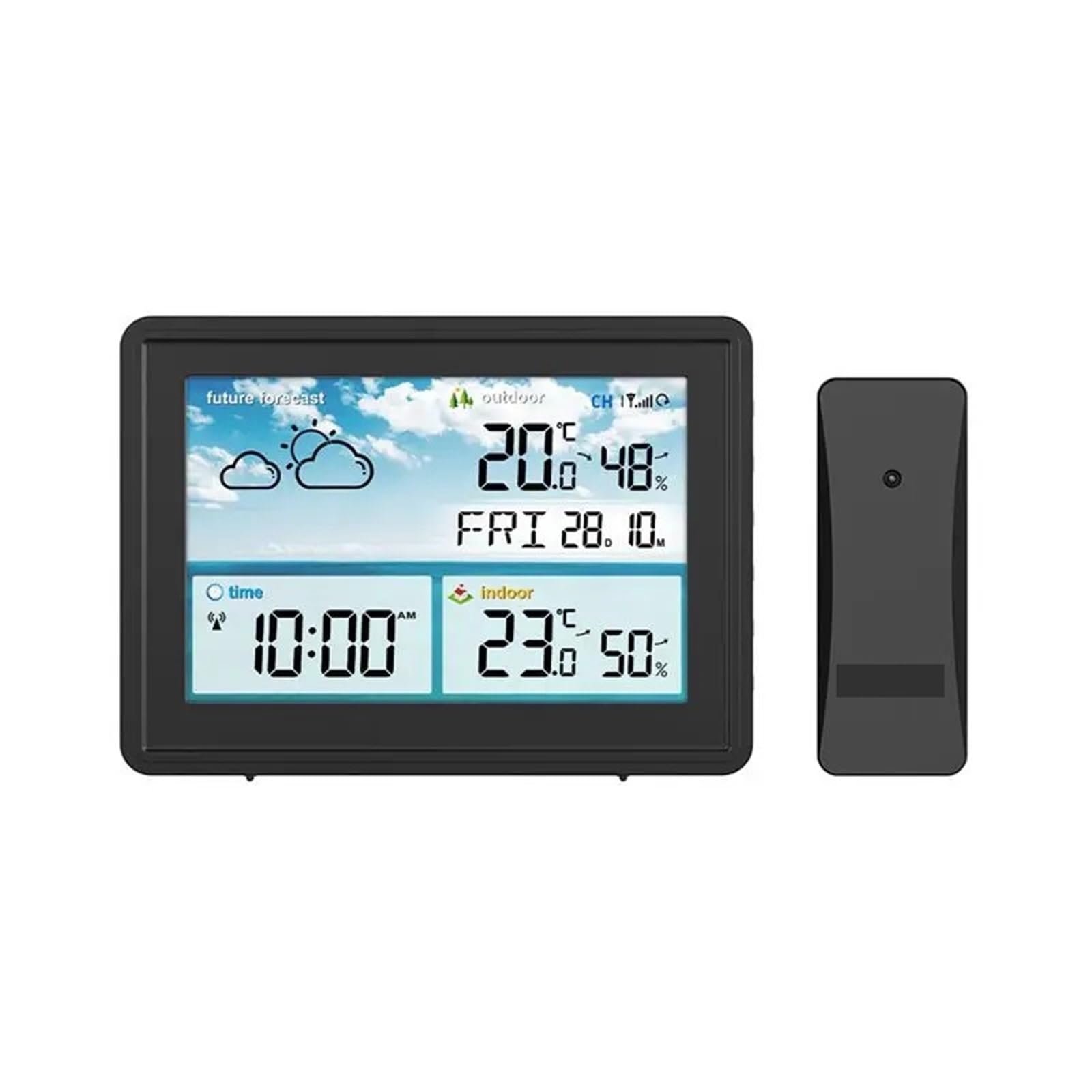Stacja Meteorologiczna, Bezprzewodowa cyfrowa stacja pogodowa Kolorowy wyświetlacz LCD Termometr Higrometr Czujnik prognozy Temperatura mrozu Kalendarz Budzik(Black with plug)