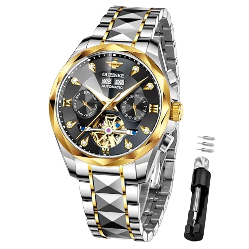 Image of OUPINKE Men's Watches Automatic Self-Winding Luxury Diamond Mirror Skeleton Mechanical Watch Date Dress Business Tungsten Steel Waterproof Luminous Wrist Watches for Men