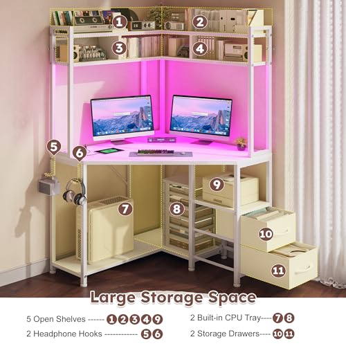 Image of DurayLoly 63 inch Triangular Corner Desk with Hutch,Ample Storage for Small Room,Spacious 36 inch W Desktop,2 Fabric Drawers and Bottom Wooden Shelves,Versatile Computer Desk that Meets All Your Needs,White
