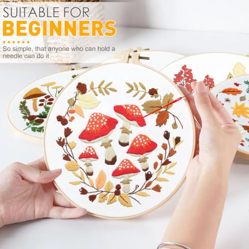 Image of 5 Sets Fall Embroidery Kit for Beginners Adults Embroidery Starter Kit Mushroom Maple Leaf Autumn Cross Stitch Kits Embroiderys Needlepoint Kits Include Instruction 2 Hoops Color Threads Needles