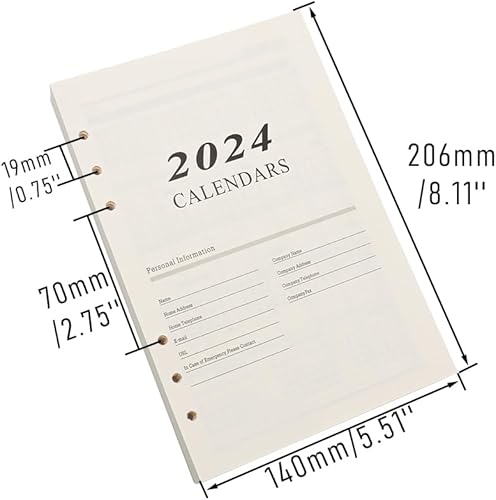 Miniatura 2 de Recambios de carpeta de 6 anillas 2024 con 6 anillas, multifunción, A5, 6 agujeros, calendario de doble cara, hojas sueltas, páginas interiores