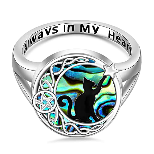 猫 婚約指輪 スターリングシルバー ケルトノットに黒猫 月 お揃い 親指カップルリング 女性用 アバロン キュート 動物 キティ ジュエリー ハロウィン クリスマス ギフト サイズ9, スターリングシルバー, キュービックジルコニアのサムネイル
