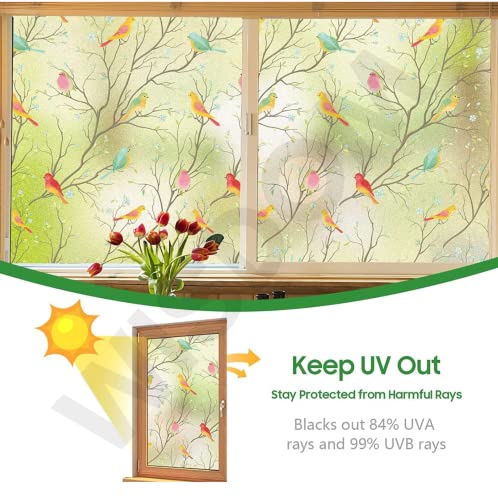 Image of WISDOM Privacy Window Film Frosted Glass Film Glass Film No Glue Anti-UV Window Sticker Non Adhesive for Privacy Office Meeting Room Bathroom Living Room (Color Birds Frosted, 12 x 100 inch)