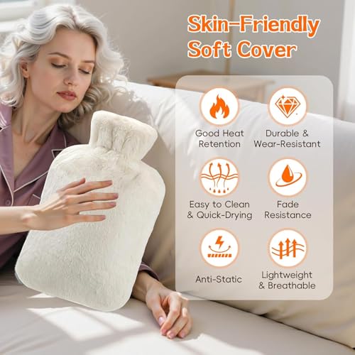 Image of Hot Water bag with soft Cover【2000ml】Durable Hot Bags for Pain Relief,Period Cramps , Neck, Shoulders,Feet Warmer - Leakproof Water Bag for Waist Hand Bed Winter Warmer,【2 Liters 】cream - color