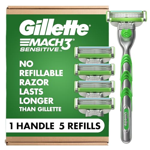 Gillette Mach3 Sensitive Razors for Men, 1 Handle, 5 Blade Refills, Designed for Sensitive Skin
