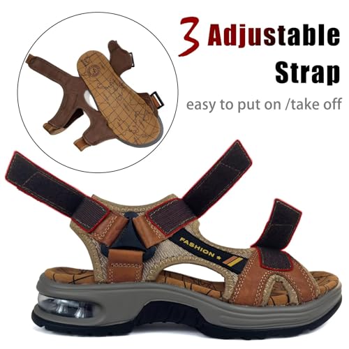 JEBUKTXE Sandales Homme Cuir Été Bout Ouvert Sandale de Randonnée Scratchs Sport Sandales de Marche Marron clair Taille 43 – vue 3