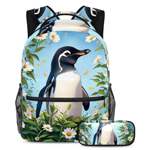 Sac à dos pingouin et fleur avec trousse assortie pour école et loisirs ados