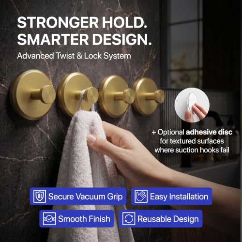 HOME SO Suction Cup Hooks for Shower & Bathroom Towel Holder 4-Pack Gold