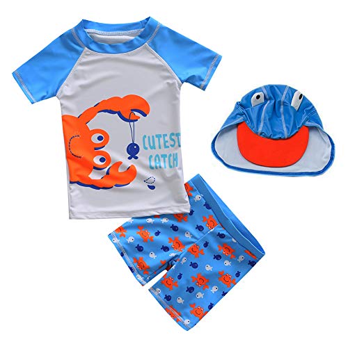 Toddler Baby Boys Two Pieces Swimsuit Swimwear Set Kids Bathing Suit Rash Guards with Hat UPF 50+ (4-5T, Crab)