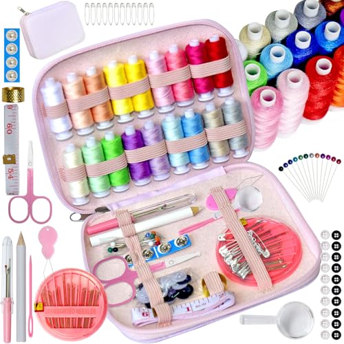 Sewing Kit with Case Portable Sewing Supplies for Home Traveler Adults Beginner Emergency Contains 18 Sewing Thread Scissors Needles Measure etc (Pink)