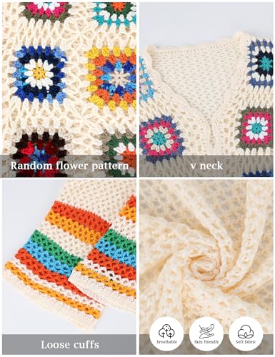 Gihuo Women Bohemian Floral Crochet Cardigan, Hollow Out Long Sleeve Open Front Sweater Cardigan, Multicolor Granny Square4