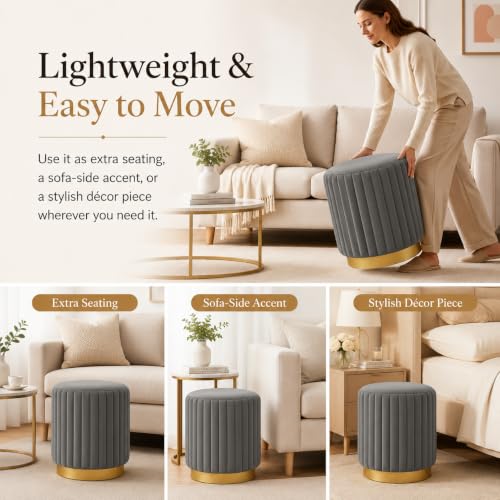 Image of Designer Velvet Round Footstool Ottoman with Sturdy Gold Metal Band Base for Home Decor & Extra Seating, Lightweight Pouf Stool for Sofa Side & Bedroom, 16x16x17 Inch (Grey)