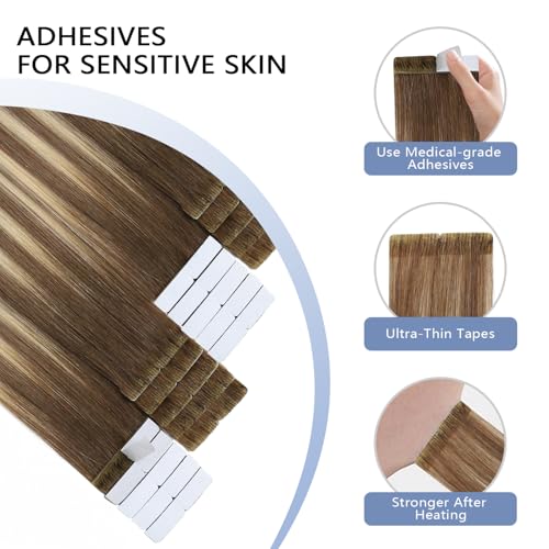 Image of COOKAYU Invisible Tape in Hair Extensions Human Hair, Injected Tape in Hair Invisi Edge Extensions Walnut Brown to Ash Brown and Blonde 16Inch 20pcs 35g