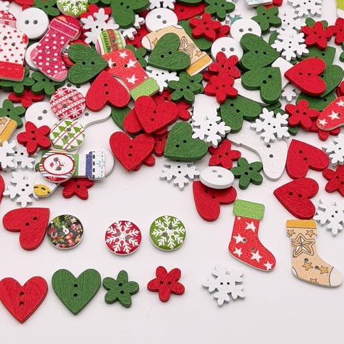 Kovolala 100 PCS Christmas Wooden Buttons Assorted Christmas Art Craft Buttons Snowflake Buttonsfor Handmade Project Mixed Sizes and Styles