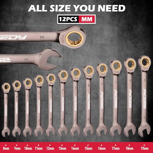 Premium 12-Piece Metric Ratchet Wrenches Set with Magnetic Organizer 8mm-19 mm, 72-Tooth Ratcheting Wrench Set, Cr-V Steel Ratchet Combination Wrench Set for Automotive, Machine Repair - Image 3
