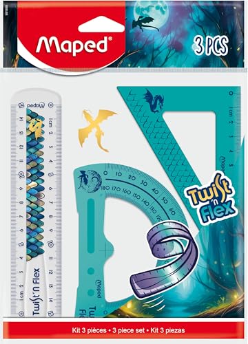 Maped - Mini Kit de Traçage Twist'N Flex Dragon - 3 Pièces - Incassable - Règle 15 cm + Equerre...