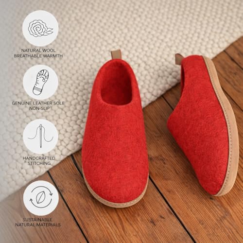 Image of Wool Indoor Slippers - Natural Organic Wool, Genuine Leather Sole, Handmade in Nepal - Cozy, Warm, Soft, Unisex Non-Slip House Shoes for Men & Women - Perfect for Winter Comfort