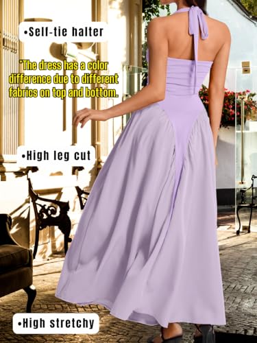 Image of ChiaoLezhee Deep V Neck Dress, Halter Maxi Dresses, Vacation Date Night, Sexy for Women Corset Flowy Wedding Guest Drop Waist