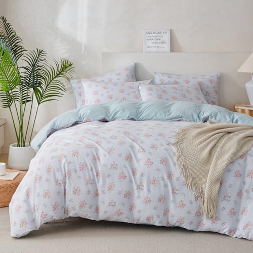 BUPIRD Queen Size Comforter Floral 3 Pieces Soft Cute Floral Bedding Lightweight Blue Garden Style Floral Botanical Comforter for All Seasons and 2 Pillowcases