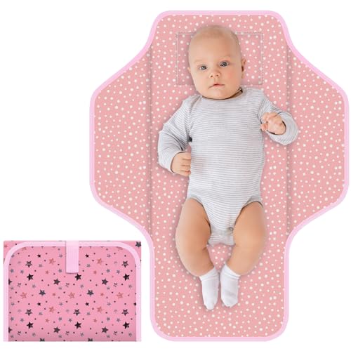 Image of CUXFLS Baby Portable Diaper Changing Pad, Foldable Travel Diapering Changing Mat with Built-in Pillow, Waterproof Compact Changing Pad for Newborn Baby Changing Station, Infant Gift(Pink Star)