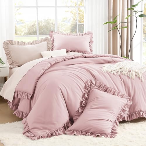 Image of Litanika Grayish Pink Queen Comforter Set, 3 Pieces Ruffle Farmhouse Aesthetic Bedding Comforter Set, All Season Soft Lightweight Fluffy Microfiber Bed Set(90x90In Comforter, 2 Pillowcases)