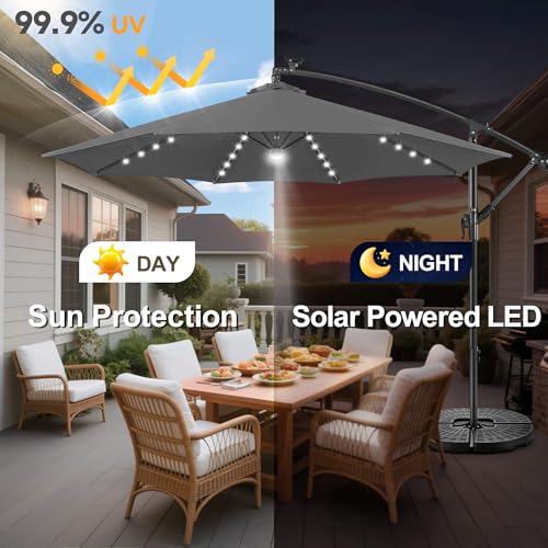 Image of Solar Offset Patio Umbrella - 10 FT Solar Cantilever Umbrella Outdoor with 40 LED Lights and Cross Base, UV Protection for Garden, Deck, Backyard, Pool, Porch, Anthracite