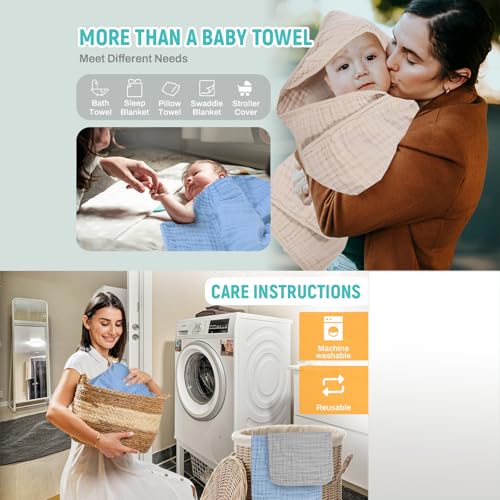 Image of MIGIOL Hooded Baby Bath Towels 100% Muslin Cotton Baby Bath Towel for Infant, Toddler and Kids,Soft and Absorbent Newborn Essential，Large 32x32Inch 2 Pieces Coffee & Beige