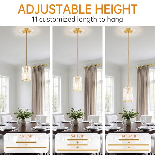 Esfos Gold Pendant Light, Modern Crystal Pendant Lights Kitchen Island, Kitchen Island Lighting with Adjustable Height, UL Certified Island Lights for Kitchen Dining Room Bedroom Hallway 1 Pack, E26 - image 3