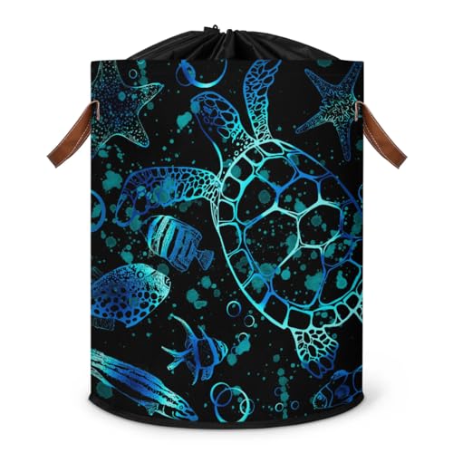 Turtle Laundry Basket with Drawstring for Kids Boys Girls, Collapsible Laundry Dirty Clothes Hamper with Leather Handle for Kid Room Bedroom Living Room Nursery