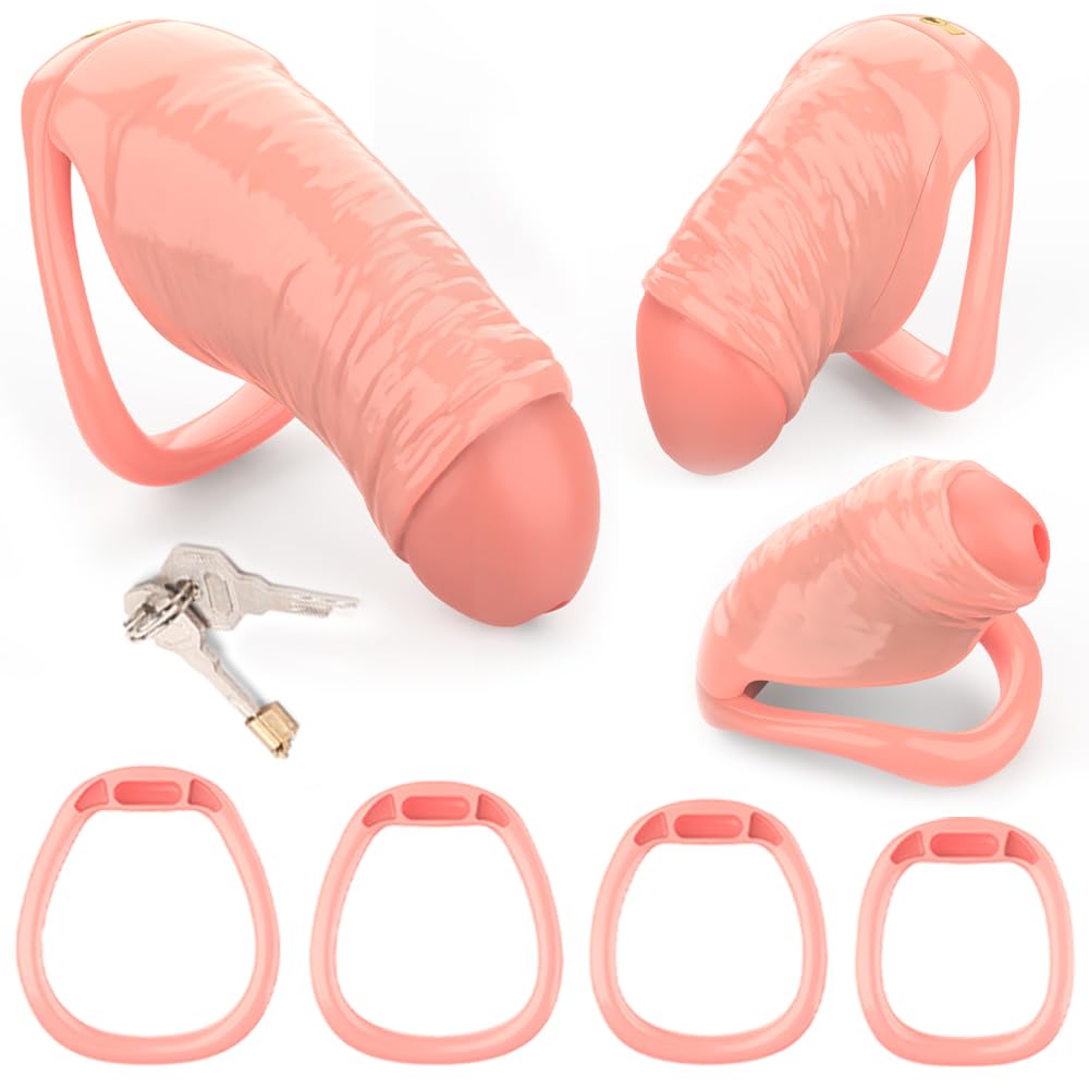 Realistic Penis Chastity Cage Chastity Devices for Male with 4 Ring Set, Resin Sissy Hollow Penis Style Chastity Device Dildo Shape Bondage Cock Cage Adult Sex Toys for Growers Men Couple (L)