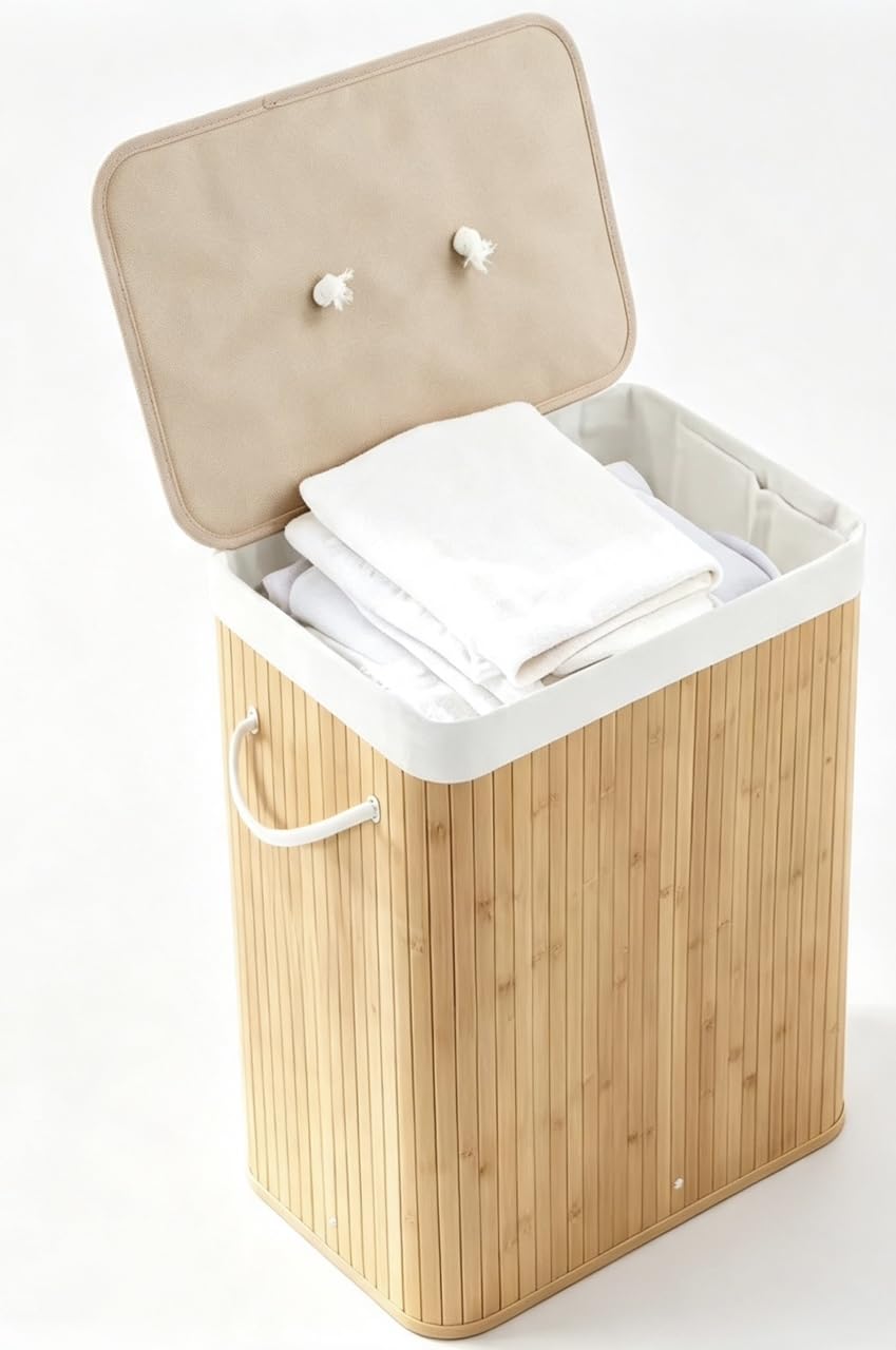 106L Wooden Laundry Basket with Lid, Laundry Hamper with 4 Compartments