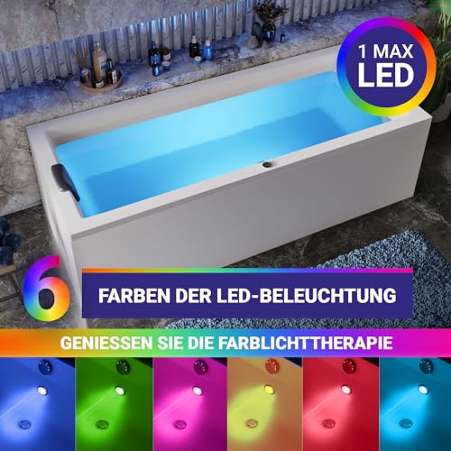 AQUADE Acryl Badewanne 190x90 Modell: Ulm - Weiß Badewanne Komplettset 190x90 - Badewannen mit Wannenfüßen + Schürze + Ab-Überlaufgarnitur mit Zulauf + Nackenkissen + Led – Bild 7