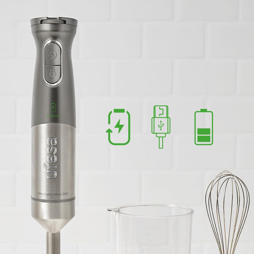Ufesa Batidora de Mano Neptune Max Go, Recargable, Batería 2000 mAh, 5 Velocidades, USB-C, 4 Cuchillas, Picadora 500ml, Vaso Medidor 700ml, Batidor Emulsionador