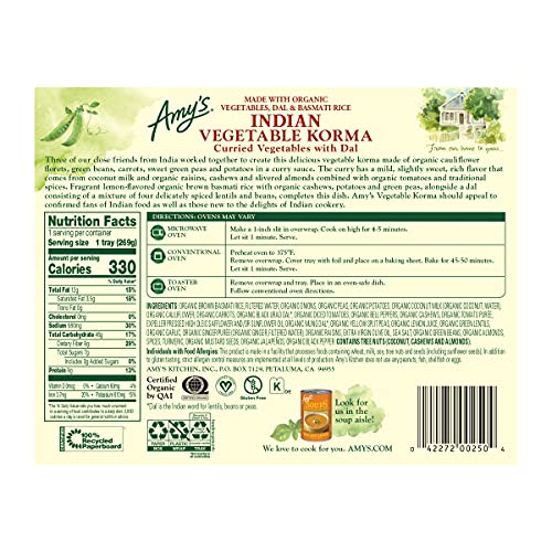 Amy's Frozen Meals, Indian Vegetable Korma, Made With Basmati Rice, Organic Potatoes, Peas And Cauliflower, Vegan & Gluten Free 9.5 Oz. #TOP1