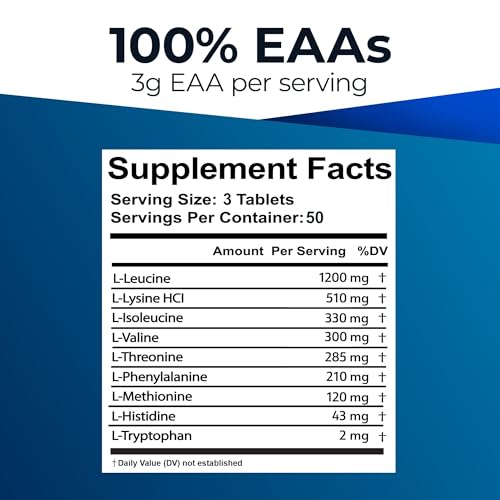 Ultimate 100% Essential Amino Acid Supplement - 150 Easy-to-Swallow, 1g Coated Tablets - All 9 EAA with 40% Leucine in Optimized BCAA Ratio - Increase Energy, Lean Muscle & Recovery - Keto & Vegan