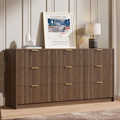 Image of MAISONARIA 9 Drawer Dresser for Bedroom, 63 inch Wide Modern Fluted Dresser with Gold Metal Handles, Chest of Drawers for Bedroom, Living Room, Entryway, Hallway, Walnut