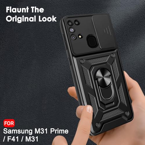 Image of TheGiftKart Tough Armor Bumper Back Cover Case for Samsung Galaxy M31 / F41 / M31 Prime | Ring Holder & Kickstand in-Built | 360 Degree Protection Back Case (PC & TPU, Sliding Camera Cover, Black)