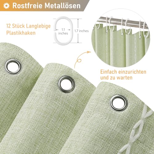 BTTN 182 x 200 cm Grün Duschvorhang, Boho Farmhouse Schwerer Stoff mit gestreiftem rustikalem Design und Quasten, Bohemian Vintage Wasserdichter Gewichteter Duschvorhang mit 12 Haken, Salbeigrün