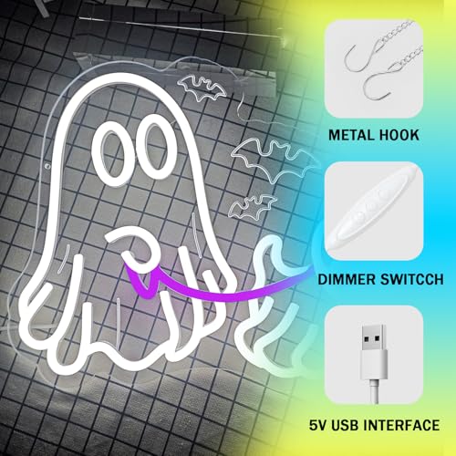 Image of Ghost Dog Neon Signs Halloween Neon Sign for Wall Decor Dimmable Ghost Neon Sign USB Powered Halloween Neon Window Sign Happy Halloween Neon Light for Bedroom Men Cave Home Party