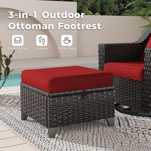 Image of 4 Piece Patio Furniture Set, Wicker Outdoor Conversation Set | Patio Chair Set with Olefin Removable Cushion, All-Weather Glider Swivel Chair Set with Deep Seat for Porch, Deck, Red