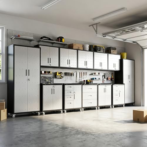 Image of 12-Piece Heavy Duty Steel Garage Cabinet System | All-in-One Modular Garage Cabinet Set for Ultimate Workshop Organization | Easy Assembly Garage Storage Cabinets & Tool Bench