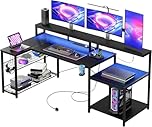 Bestier 181CM L-Shaped Gaming Desk with RGB LED Lights, Power Outlets, USB Ports, Carbon Fibre Surface, Monitor Stand, Storage Shelf, Cup Holder & Headset Hook
