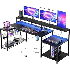 Bestier 181CM L-Shaped Gaming Desk with RGB LED Lights, Power Outlets, USB Ports, Carbon Fibre Surface, Monitor Stand, Storage Shelf, Cup Holder & Headset Hook