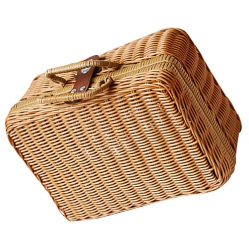 FUOYLOO Maleta Decorativa Estilo Retro Tejida a Mano de Ratán Simulado, Caja de Almacenamiento Multifuncional 35x24x12 Cm, Color Caqui, Estuche Vintage para Hogar y Picnic