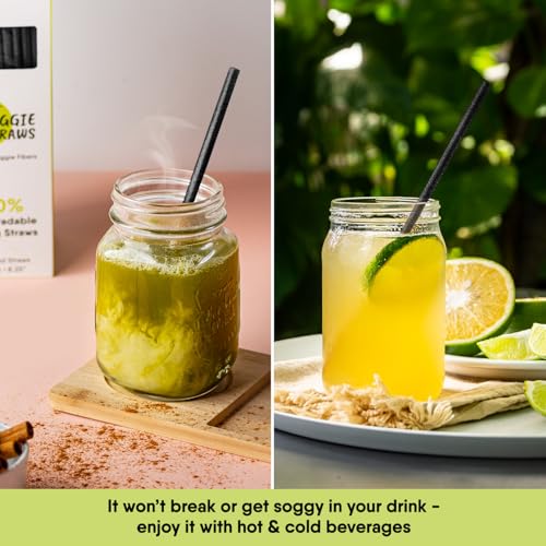 Image of The Veggie Straws - 300 PCS of 8.25 Inches Unwrapped Biodegradable Black Straws - Made of Vegetable Fibers, Best Environment Friendly Drinking Straws for Hot and Cold Beverages