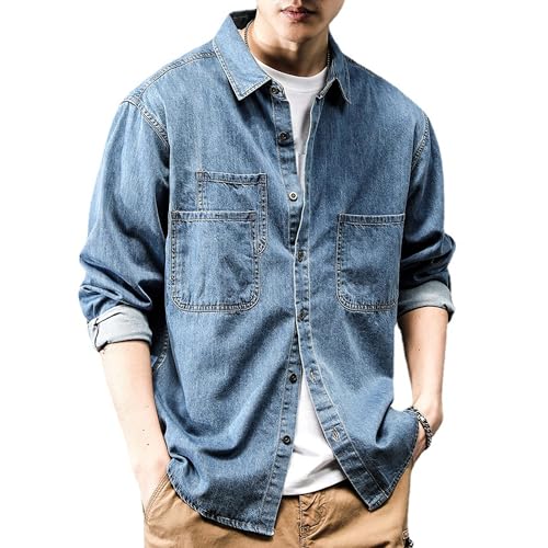 DGKaxiyaHM Men's Distressed Casual Denim Shirt Classic Vintage Long Sleeve Jean Coat Washed Button Down Outerwear (3X-Large,Blue 1)